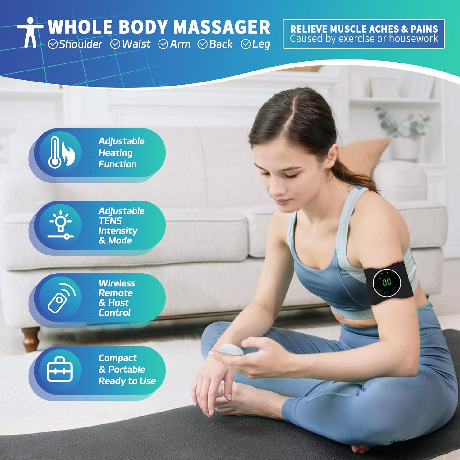 Heating TENS Unit for Pain Relief, Wireless Muscle Stimulator with Remote Controller, Portable Rechargeable Massager for Shoulder Waist Back Arm Leg (2 Pads)